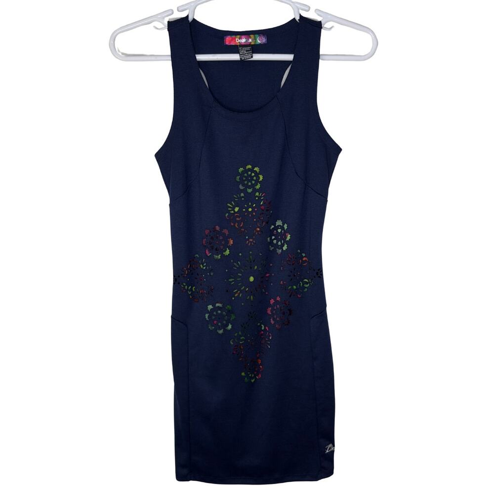 Desigual‎ Women's Small Dress Sheath Navy Blue Cutout Sleeveless Artsy Spring
